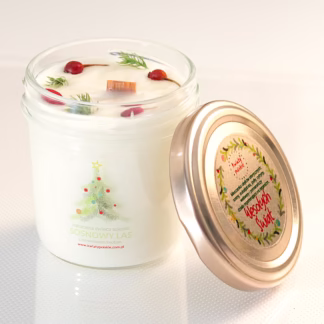 Zdobiona świąteczna świeca zapachowa z drewnianym knotem sosnowa