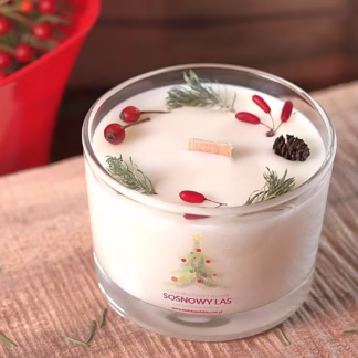 Zdobiona świąteczna świeca zapachowa z drewnianym knotem sosnowa